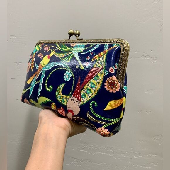 Handsewn Genuine Leather Floral Printed, Kisslock Clutch/Crossbody/Evening bag